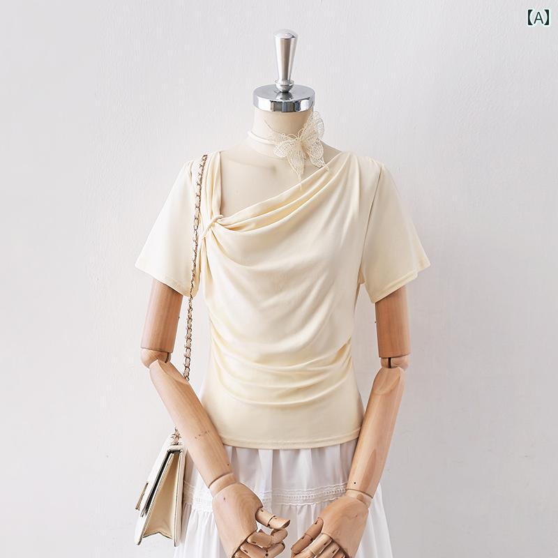 Tシャツ レディース アイボリー 不規則 立体 リボン 半袖 斜めネック 夏 上品 フレンチ おしゃれ