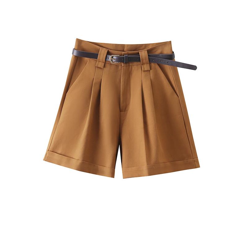 ショートパンツ レディース おしゃれ 大人 ブラウン レトロ ハイウエスト ワイド 脚長効果 夏 ロールアップ Aライン カジュアル