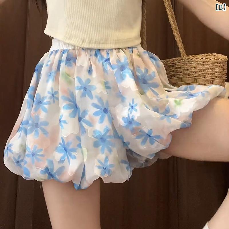 バルーン ショートパンツ 大人 レディース 夏 薄手 ひんやり 涼しい ウエストゴム 伸縮性 毛玉防止 普段使い おしゃれ カラフル 青 花柄