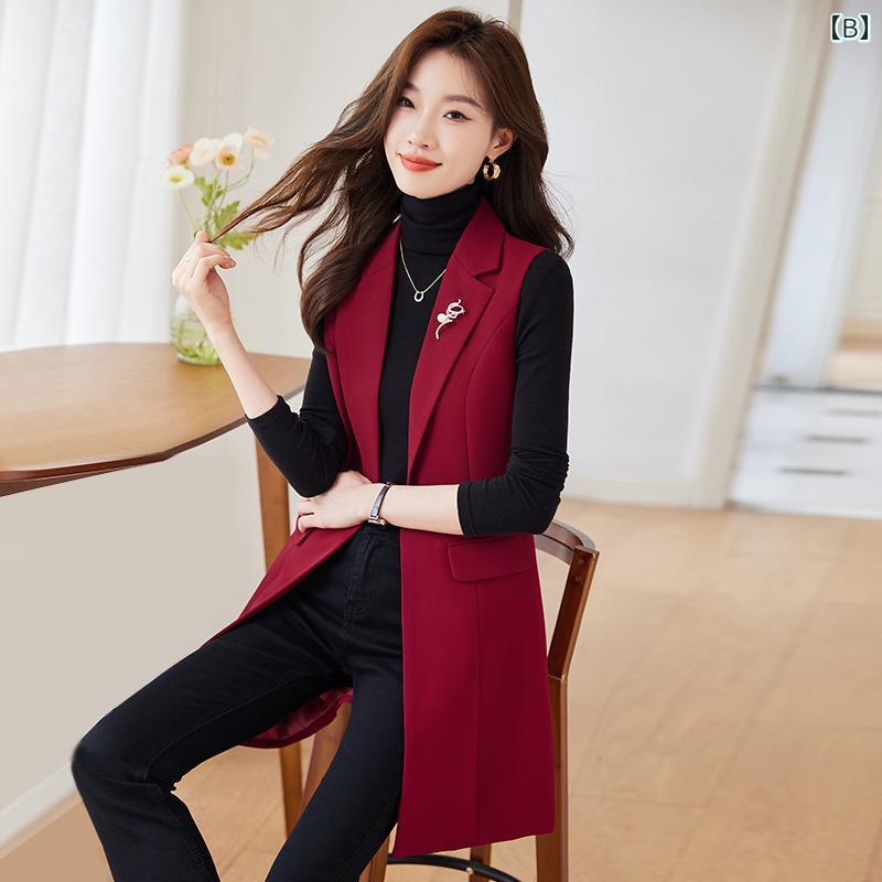 ベスト オフィス レディース 柔らかい きれいめ 春 シンプル ボタン ミドル丈 韓国 レイヤード 普段使い カジュアル ポケット 大きいサイズ カーキ 赤 黒