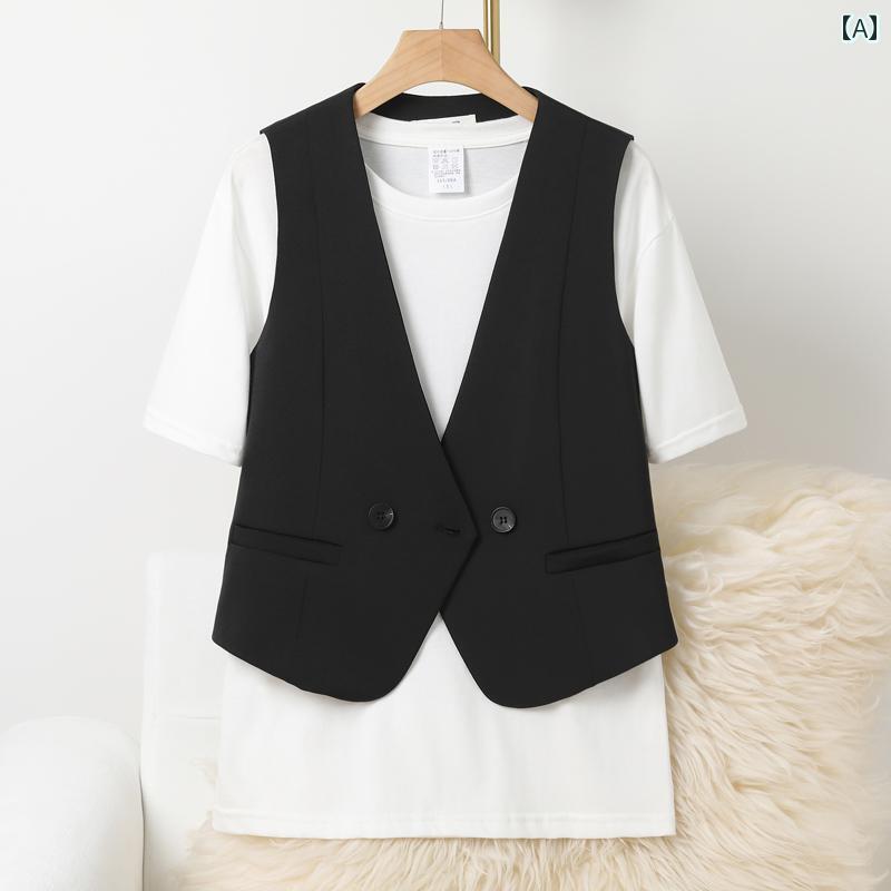 ベスト オフィス レディース 柔らかい きれいめ 春 シンプル ボタン ポケット レイヤード Vネック ショート カジュアル 普段使い シャツ 大きいサイズ 黒 カーキ