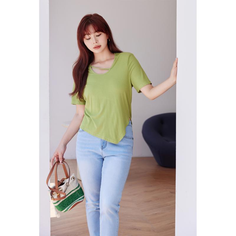 Rakuten - Tシャツ レディース 半袖 トップス おしゃれ 大きいサイズ Uネック 無地 リブ 不規則 着やせ シンプル