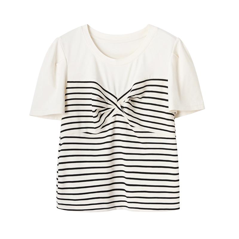 Tシャツ レディース 半袖 トップス おしゃれ ニット リボン ウエストマーク スリム効果 バイカラー 丸首 ラウンドネック ラウンドネック 夏