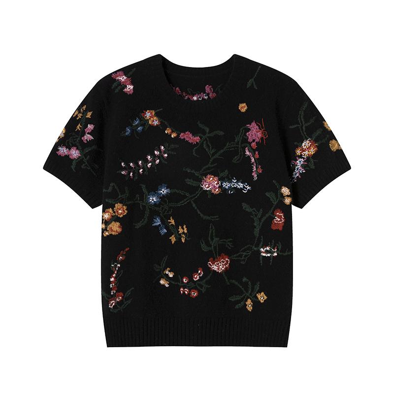 Tシャツ レディース 半袖 トップス おしゃれ 秋 ウール 刺繍 花柄 ニット シンプル きれいめ 大人 カジュアル