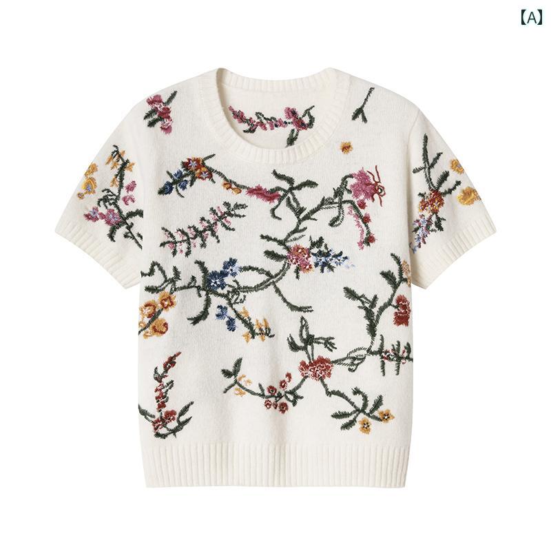 Tシャツ レディース 半袖 トップス おしゃれ 秋 ウール 刺繍 花柄 ニット シンプル きれいめ 大人 カジュアル