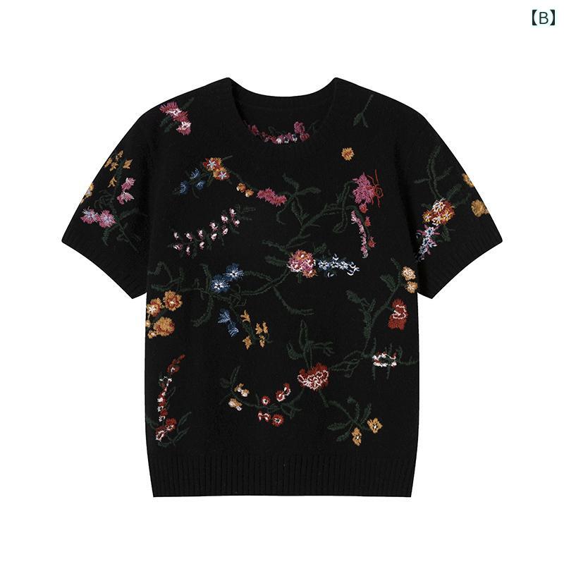 Tシャツ レディース 半袖 トップス おしゃれ 秋 ウール 刺繍 花柄 ニット シンプル きれいめ 大人 カジュアル