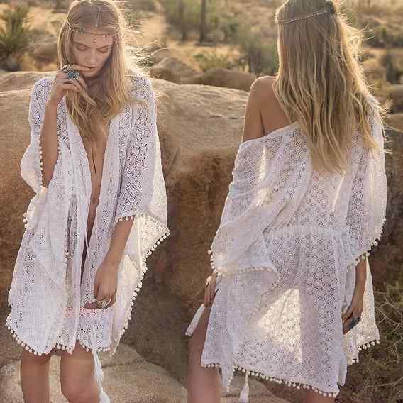 カバーアップ ビーチ 水着 レディース ビキニ カーディガン ショール 羽織り エスニック レース ミドル丈 日焼け防止 透け エレガント リゾート 白
