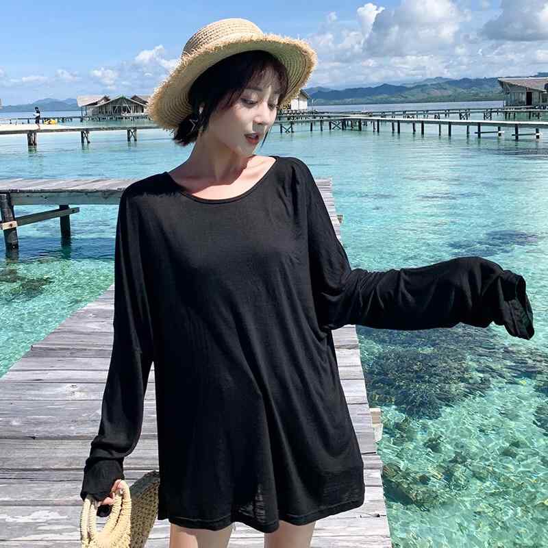 カバーアップ ビーチ 水着 レディース ビキニ 夏 リゾート 温泉 メッシュ ワンピース 日焼け防止 ウェア シンプル ラウンドネック ゆったり 長袖 黒 白 紫