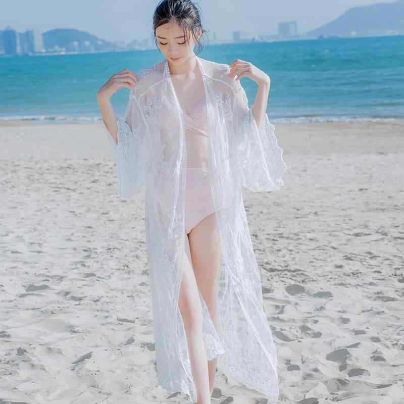 カバーアップ ビーチ 水着 レディース ビキニ 夏 リゾート 温泉 レース ルーズ 韓国 羽織り ショール 透け エレガント 大人 ロング ふんわり 白