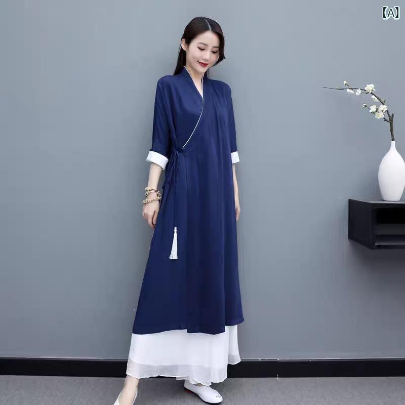 チャイナ風 ワンピース 大人 レディース 上品 エレガント セット ローブ 漢服 レトロ 綿 春夏 七分袖 Vネック ロング Aライン おしゃれ 紺 白
