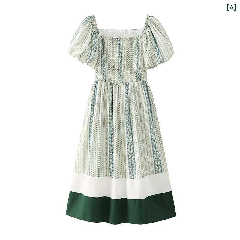 ワンピース グリーン 蝶プリント ボヘミアン リボン 夏 涼しい 体型カバー