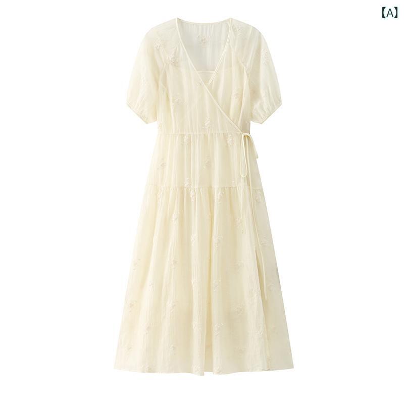 ワンピース レディース 半袖 ジャカード 厚地 プリーツ シフォン 中国風 上品 エレガント 春夏 フェミニン ミモレ丈