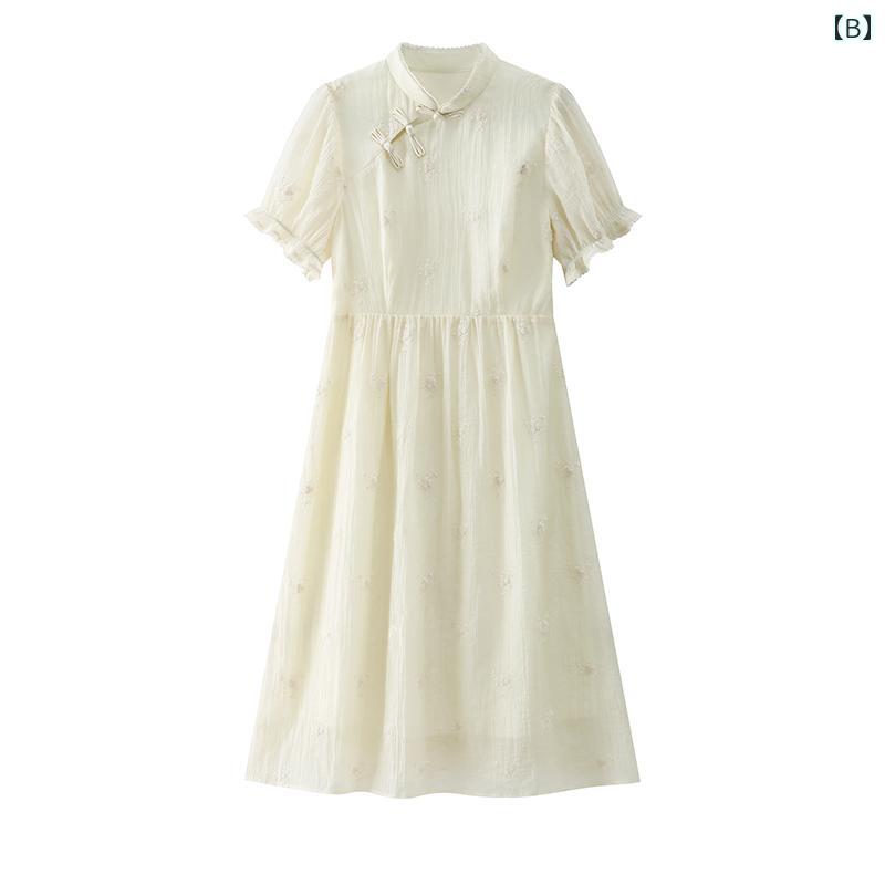 ワンピース レディース 半袖 ジャカード 厚地 プリーツ シフォン 中国風 上品 エレガント 春夏 フェミニン ミモレ丈