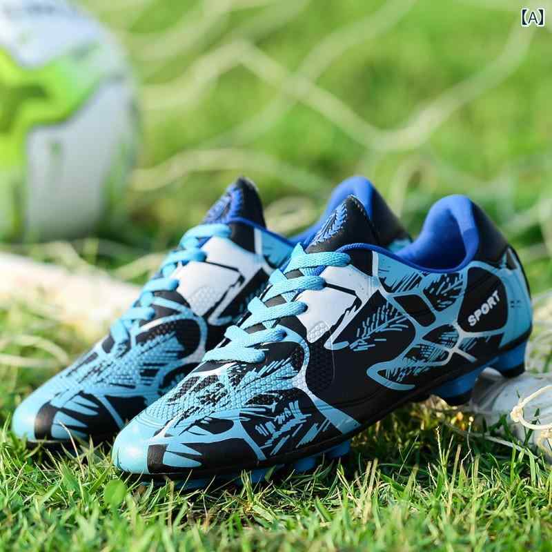 サッカースパイク ジュニア 大人 スポーツ シューズ 男女兼用 折れ 爪 防止 芝生 トレーニング 衝撃吸収 PU 通気性 紐 おしゃれ ロング ショート 青 緑 赤
