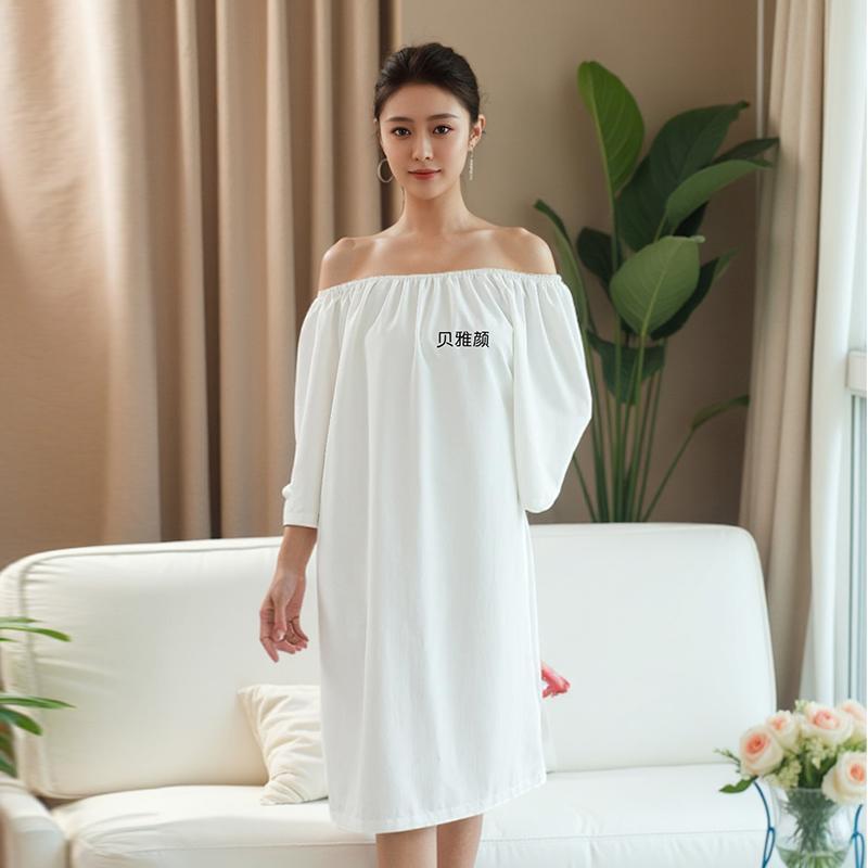 リラクゼーション ウェア エステ ワンピース バスローブ レディース オフショルダー コットン ゴム 柔らかい 吸水 通気性 軽量 ゆったり 快適 サウナ サロン スパ マッサージ 施術 ルームウェア シンプル 無地 白 青 グレー オールシーズン