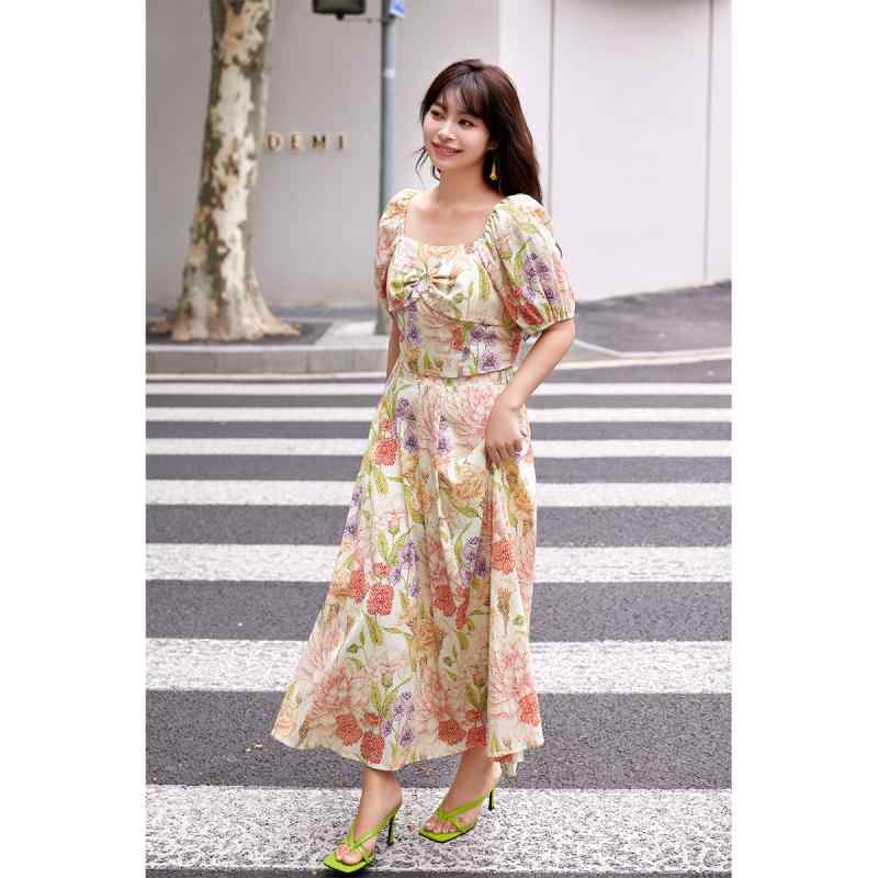セットアップ レディース レディース 油画柄 綿 フレンチ ロマンティック バブルスリーブ 春夏 花柄 フェミニン ゆったり