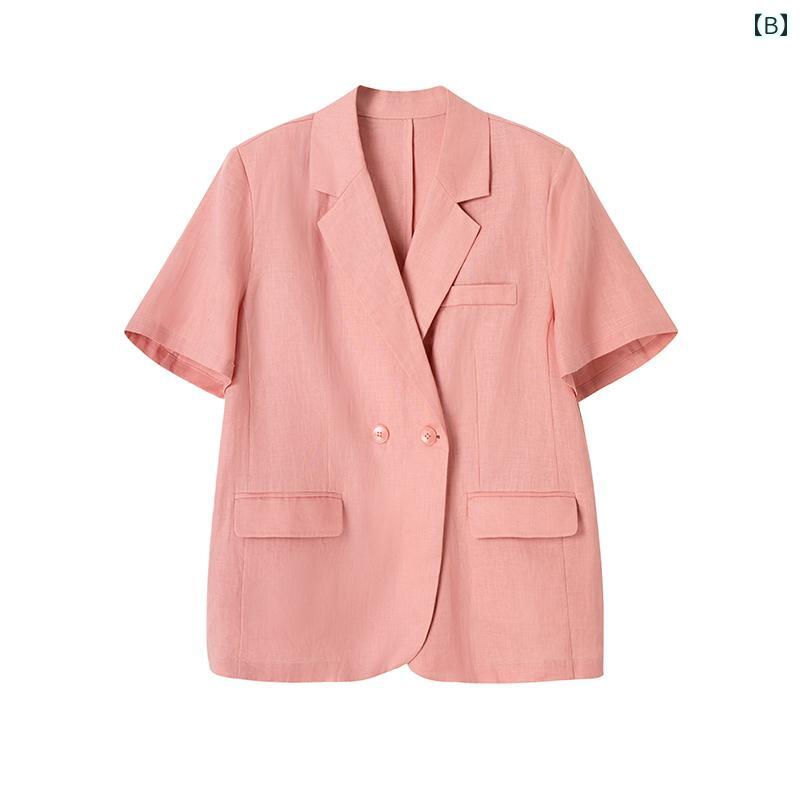 セットアップ ピンク 半袖 ジャケット ショートパンツ 清涼 ラミー混 レトロ オフィス 大きいサイズ レディース おしゃれ