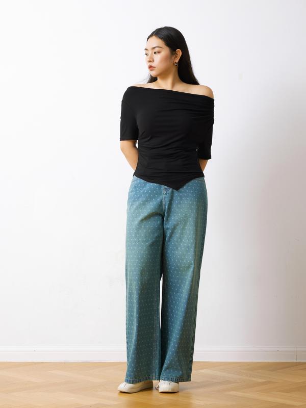 Straight Jeans - パンツ レディース おしゃれ 大人 デニム ウォッシュ加工 ドット柄 ハイウエスト ストレート ワイド 脚長効果 カジュアル 春夏