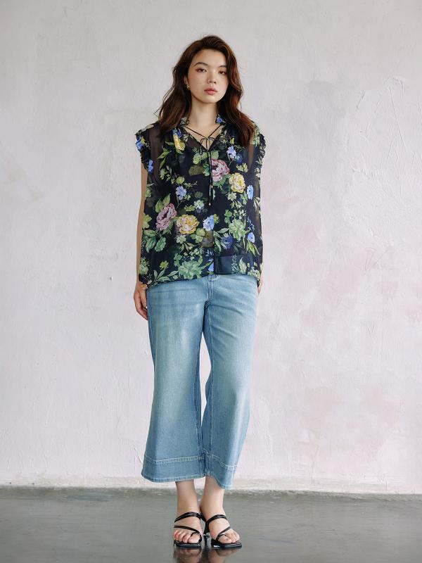 パンツ レディース おしゃれ 大人 夏 九分丈 混紡 ストレート ワイド デニム 脚長効果 カジュアル