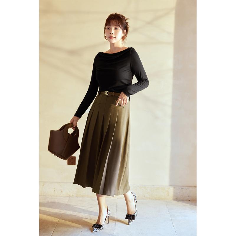 カットソー レディース ラウンドネック ボートネック 体型カバー スリム 長袖 トップス