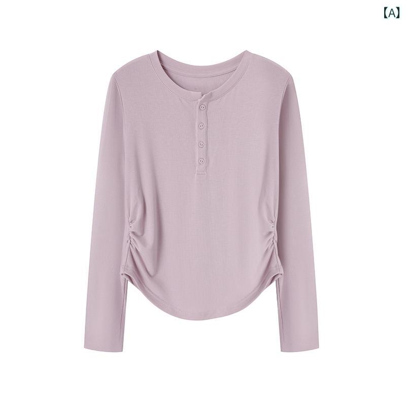 カットソー レディース ラウンドネック ボートネック 体型カバー スリム 長袖 トップス