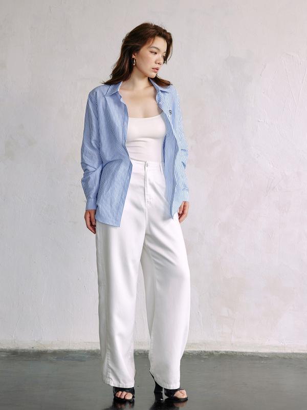 シャツ レディース 夏 ゆったり ストライプ 刺繍 長袖 カジュアル