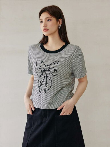 Tシャツ レディース おしゃれ ウール混紡 半袖 ボーダー 立体 リボン ハート 刺繍 ニット 韓国 Tシャツ レディース おしゃれ ウール混紡 半袖 ボーダー 立体 リボン ハート 刺繍 ニット 韓国