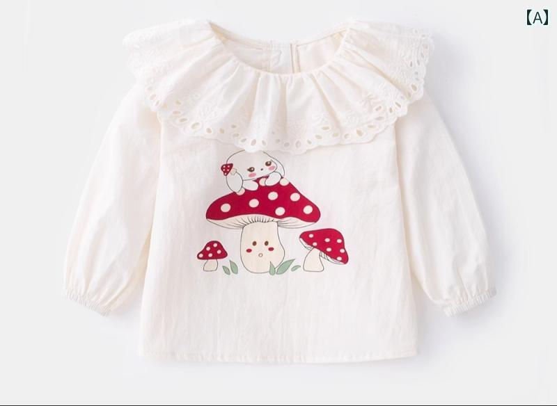 ベビー服 女の子 80 キッズ 春秋 綿 トップス 長袖 レース 襟 バックボタン プルオ...