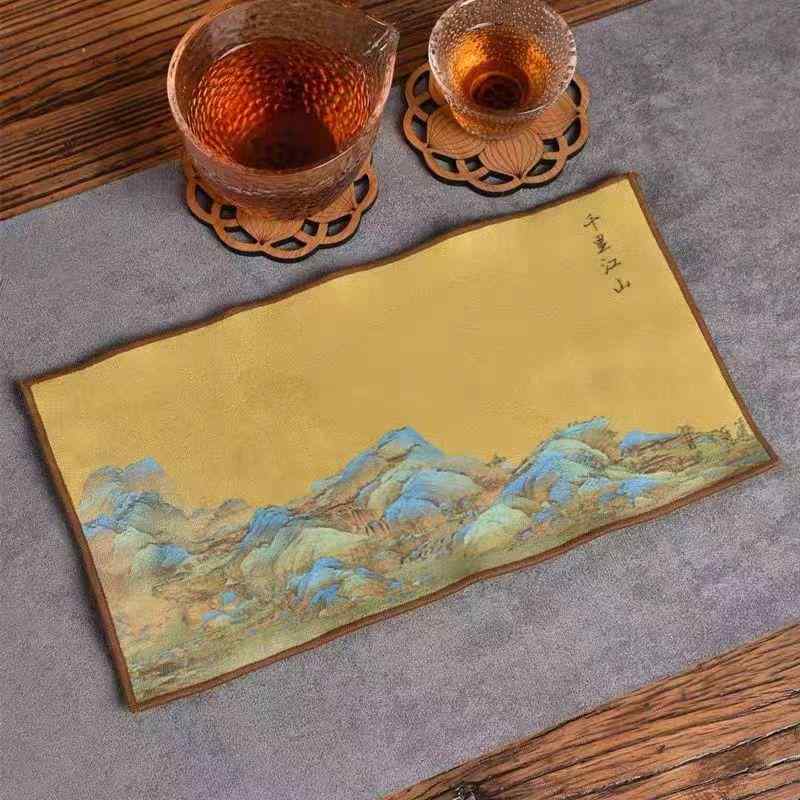 茶巾 禅 中国風 レトロ 四角形 厚手 吸水性 布巾 点前布 クロス タオル キッチン用品 雑貨 小物 シンプル エレガント おしゃれ 千里江山柄