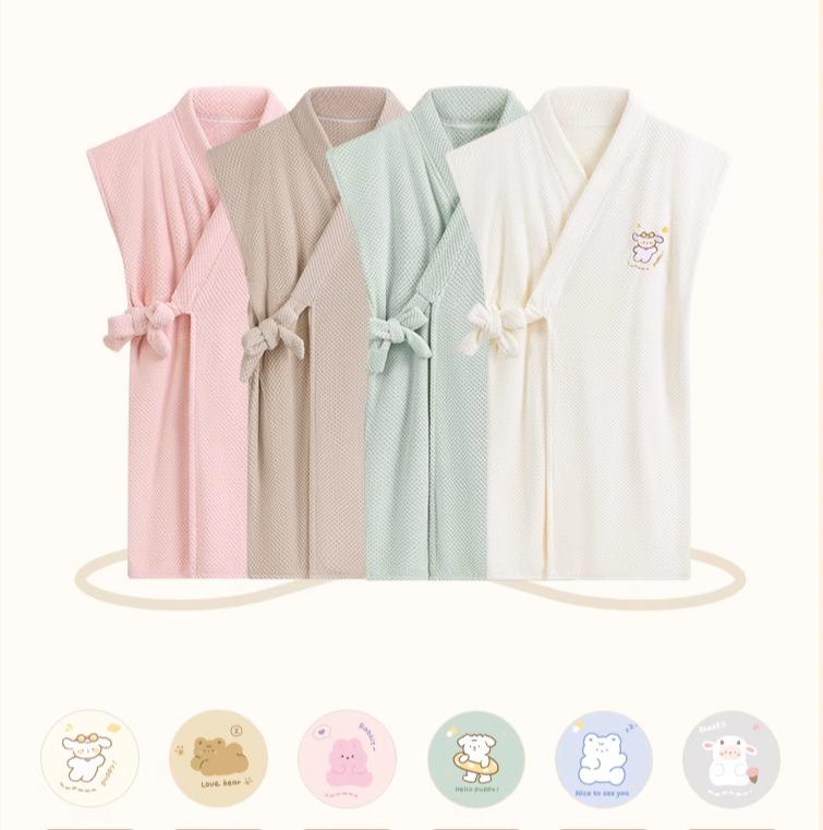 リラクゼーション ウェア エステ ガウン バスローブ レディース 半袖 長袖 前開き ウエスト 腰 紐 Vネック 刺繍 犬 ゆったり 柔らかい 速乾 厚手 無地 ピンク 青 緑