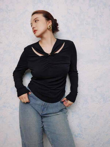 Tシャツ レディース 長袖 Vネック ギャザー 金ボタン モダール シンプル 着痩せ 春秋 白 トップス Tシャツ レディース 長袖 Vネック ギャザー 金ボタン モダール シンプル 着痩せ 春秋 白 トップス