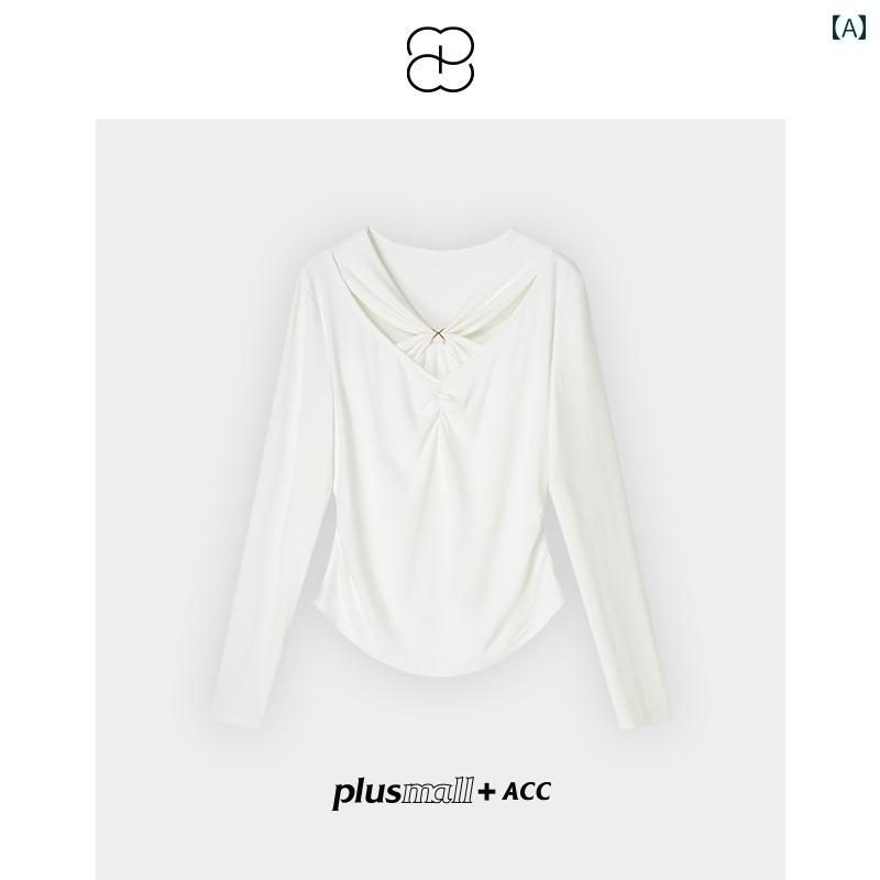 Tシャツ レディース 長袖 Vネック ギャザー 金ボタン モダール シンプル 着痩せ 春秋 白 トップス