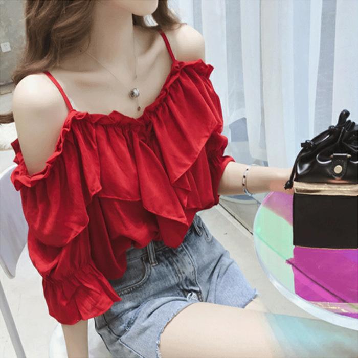 Other - オフショルダー トップス レディース 夏 半袖 シフォン ストラップ フェアリー セクシー かわいい カジュアル デート フリル 大きいサイズ 赤 白 黒