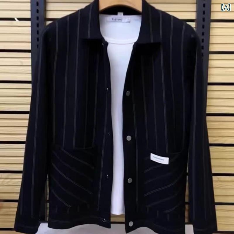 ジャケット メンズ 春秋 ニット アウター 長袖 前開き 襟 大きいサイズ ゆったり シニア 紳士 父の日 プレゼント シンプル カジュアル スタイリッシュ おしゃれ 黒 ストライプ柄 frontop-12801072 フロントップ楽天市場店 サンプル画像2
