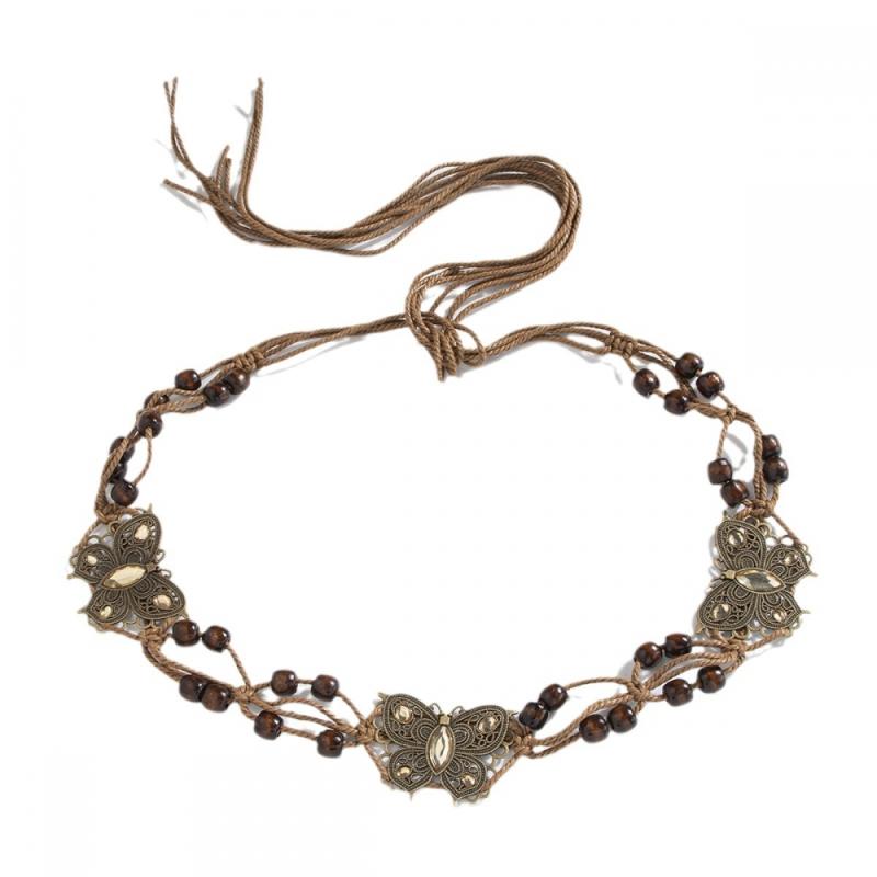 ベルト レディース 民族風 ブルー 蝶々 ストーン 編み込み 木ビーズ カジュアル 旅行 ボヘミアン調