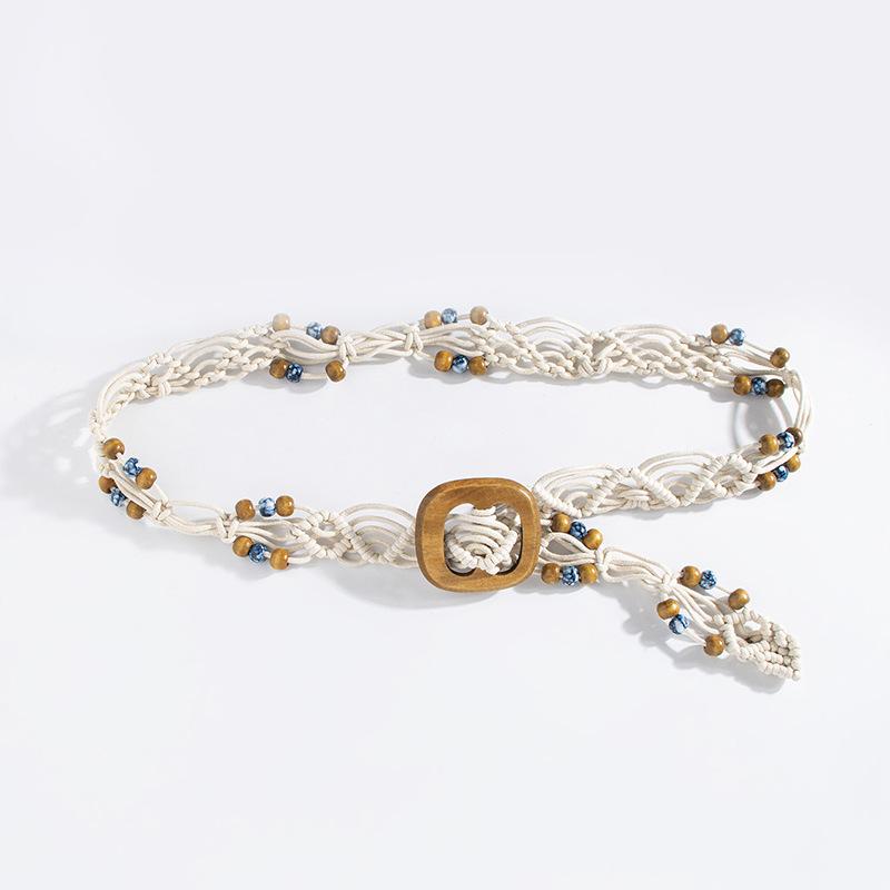 ベルト レディース ボヘミアン 蝋紐 編み込み 民族風 木ビーズ カジュアル バカンス風 四角 木バックル..