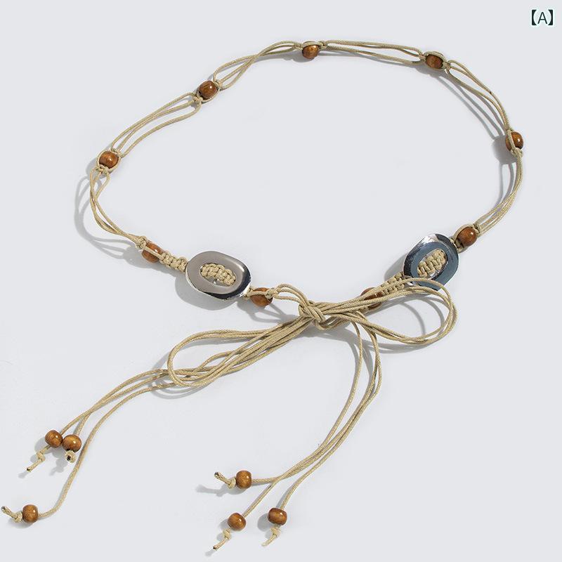 ベルト ボヘミアン 編み 紐 ウッドビーズ ノット 民族風 カジュアル