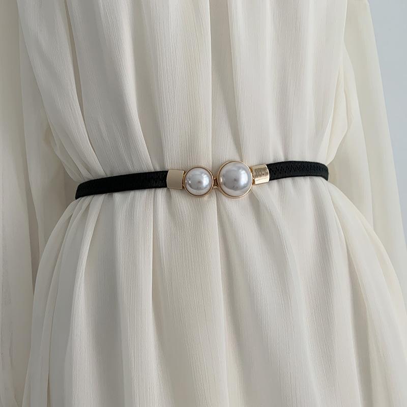 ベルト レディース レトロ パール 装飾 ウエストゴム 細身 アクセサリー 華奢 韓国 ゴム ビーズ