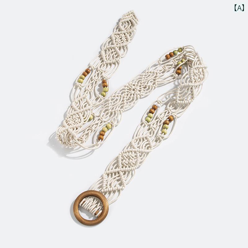 ベルト レディース ボヘミアン 編み込み 民族風 木バックル 木珠 ナチュラル 風 おしゃれ カジュアル