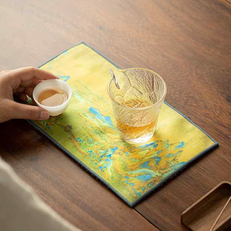 茶巾 茶道 稽古用 家庭用 ティータオル マット 布 ふきん 厚手 吸水性 大きめ 小さめ スクエア チャイナ風 レトロ セット 絵画 鶴 山 おしゃれ