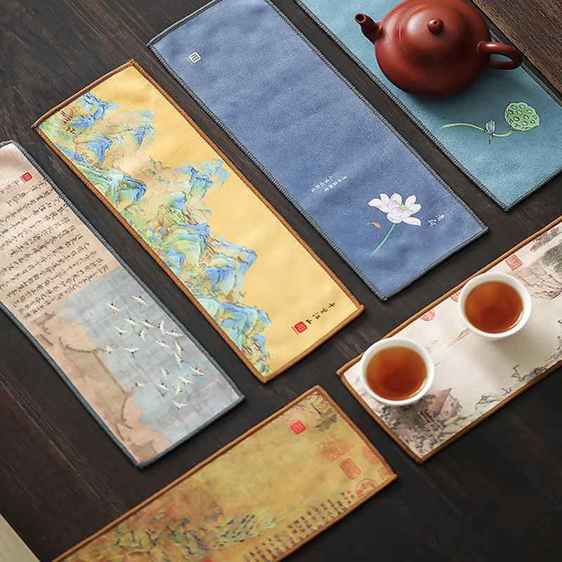 茶巾 茶道 稽古用 家庭用 厚手 ティータオル マット 布 ふきん 吸水性 防水 チャイナ風 レトロ スエード 小さめ スクエア 絵画 花柄 おしゃれ