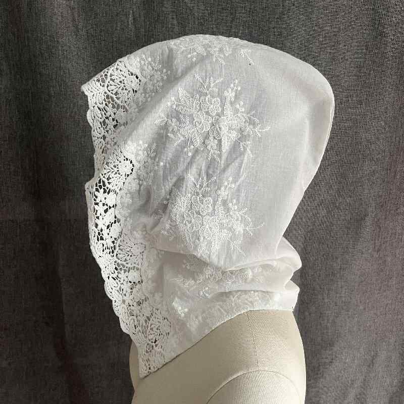 ヘッドスカーフ レディース 春夏 綿 レース 透かし模様 ボタン つけ襟 フード 一体型 日焼け防止 おし..