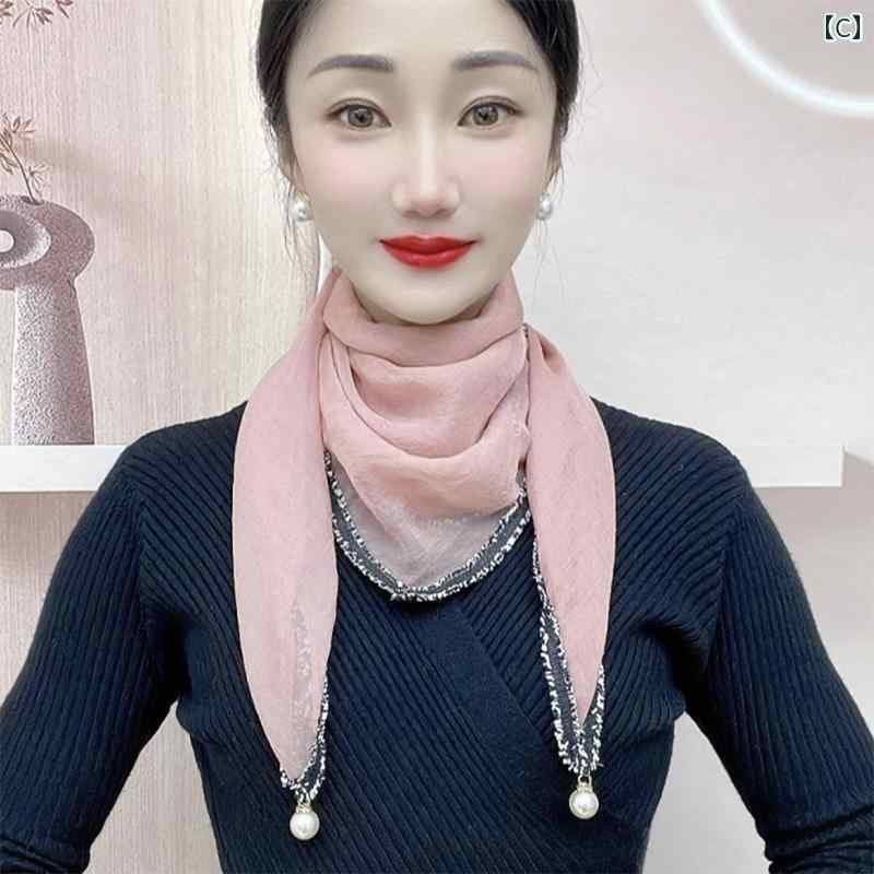 スカーフ 小さめ レディース 柔らかい 春夏 首 保護 パール ペンダント カバー 日焼け防止 エレガント マダム おしゃれ 普段使い 旅行 韓国 白 黒 ピンク
