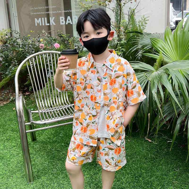セットアップ 男の子 おしゃれ 半袖 花柄 シャツ 半ズボン オレンジ 総柄 夏 カジュアル