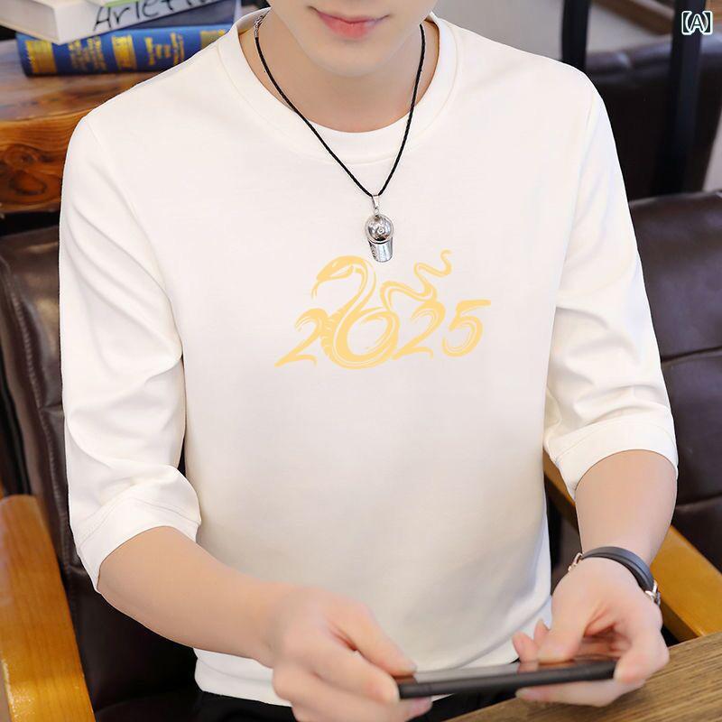 Tシャツ メンズ ブラック 七分袖 丸首 ラウンドネック プリント ロゴ カジュアル ゆったり おしゃれ 春秋(4.0)