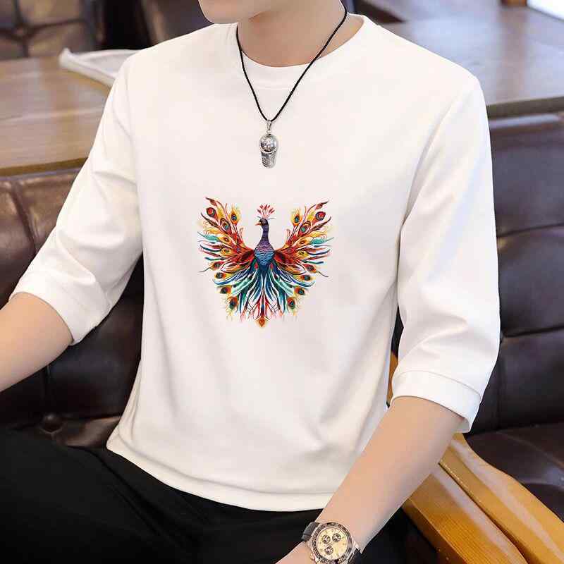 Tシャツ メンズ おしゃれ 春秋 クルーネック 七分袖 ゆったり トップス 快適 ピーコック プリント カジュアル