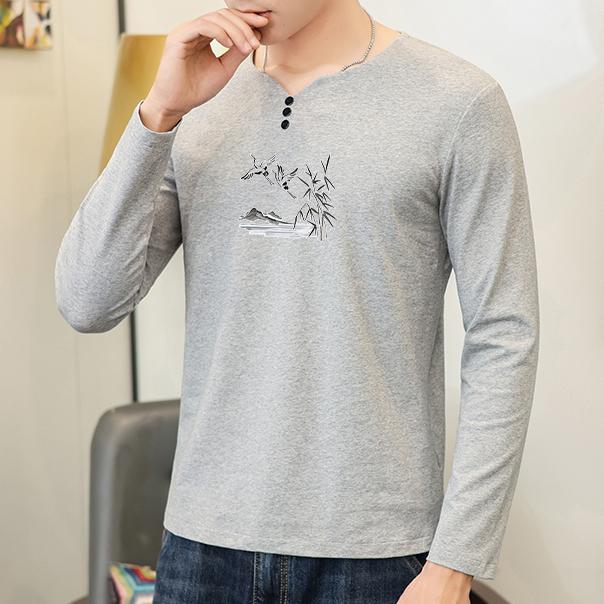 楽天フロントップ楽天市場店カットソー メンズ おしゃれ 長袖 ロンT vネック ボタン シンプル プリント 中華風 秋 トップス