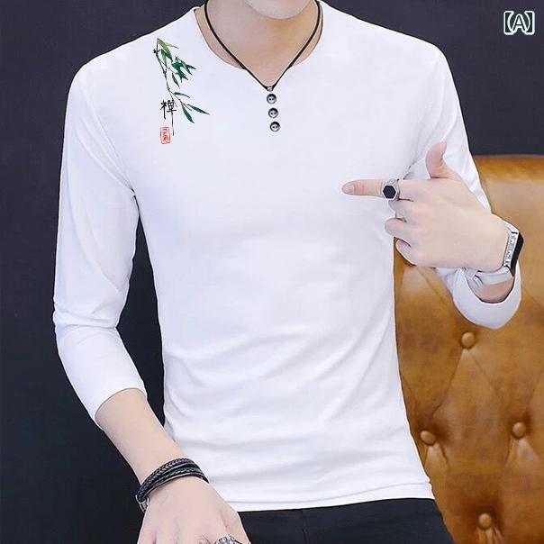 楽天フロントップ楽天市場店Tシャツ メンズ おしゃれ 長袖 ロンT Vネック 韓国 細身 カジュアル 竹柄 ボタン 秋 着回し ミディアム
