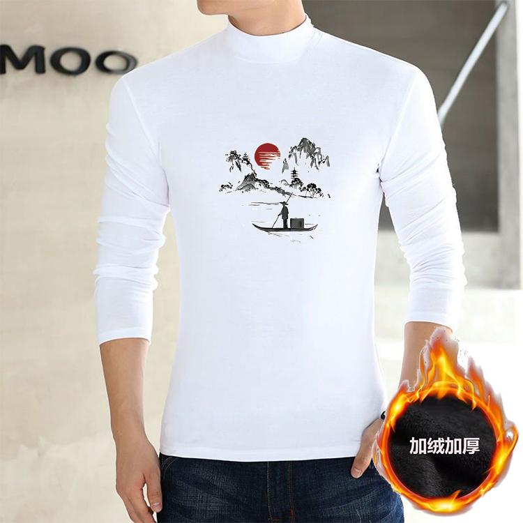 Tシャツ メンズ おしゃれ 長袖 ロンT ミディアム ハーフハイネック 厚手 裏起毛 プリント シンプル カジュアル