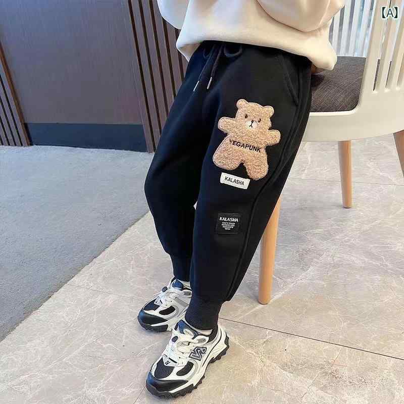 パンツ 女の子 秋冬 ワイド バックリブ くま ワッペン ゆったり 防寒 裏起毛 おし...